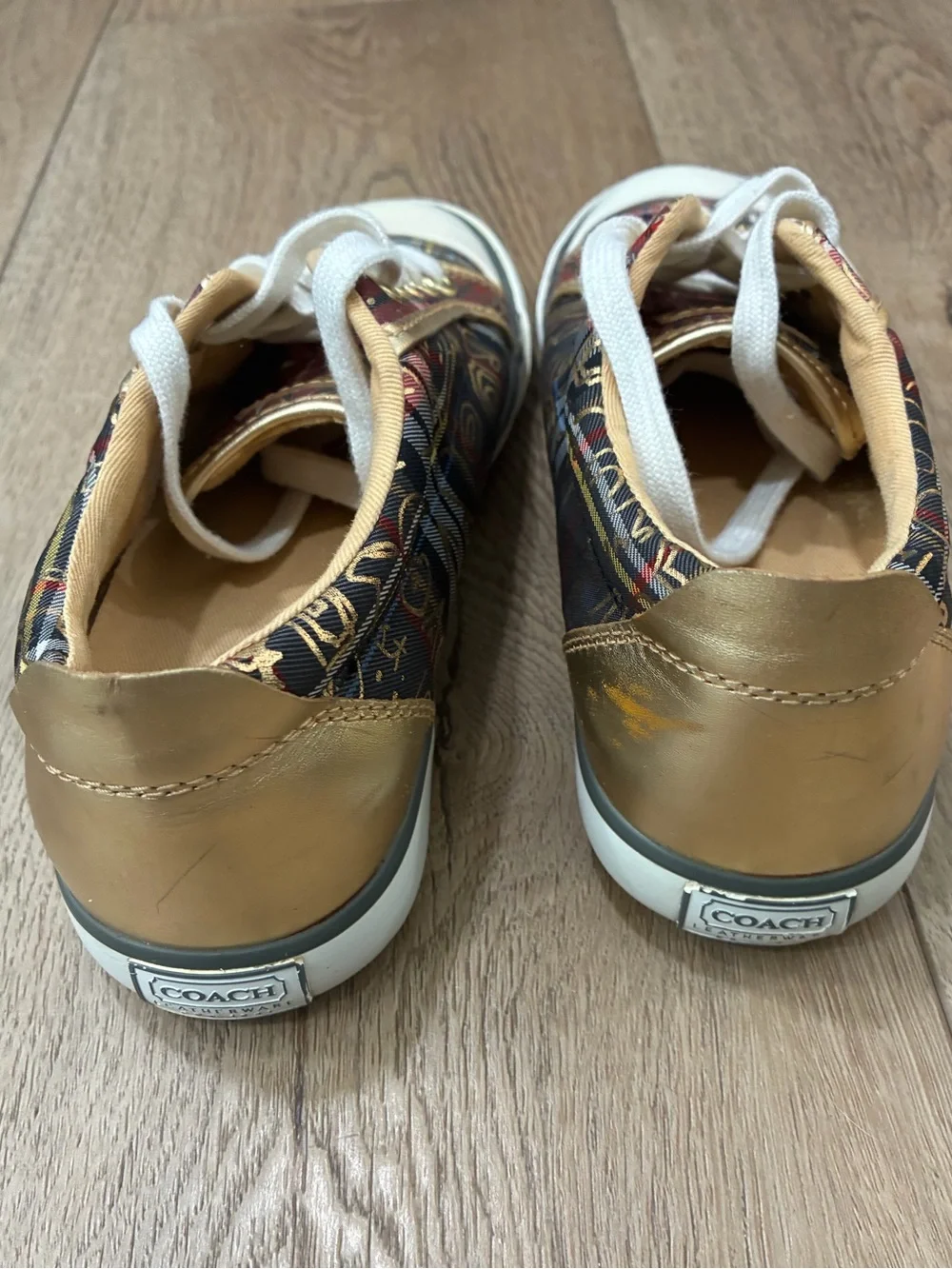 Coach Barrett plaid graffiti gold metallic low top sneakers